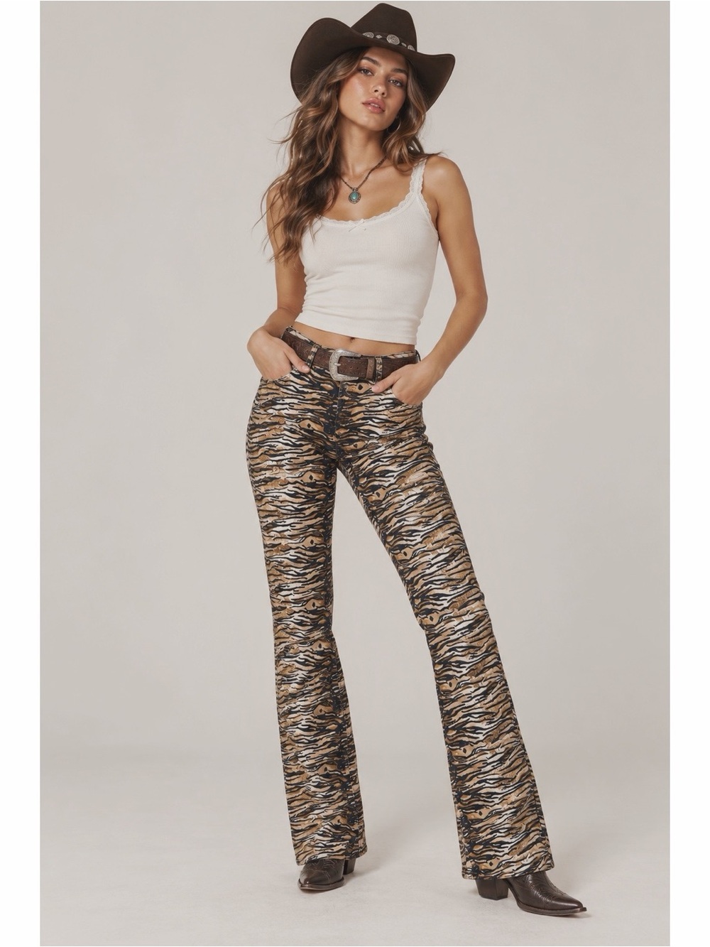 VTG Y2K Guess Woman Animal Tiger Print Stretch Bootcut Jean US31 Boho Western